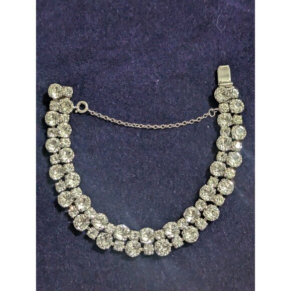 SHERMAN Early Clear Diamanté 2 Row Bracelet with safety - Signed - Picture 1 of 9